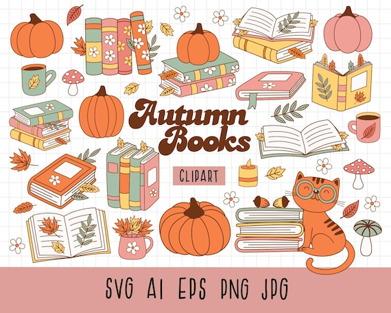 Fall bookish clipart, Retro autumn reading png, Cozy readers png, Cute Fall Clipart, Book lover clipart, Retro Fall Books Clipart, Autumn