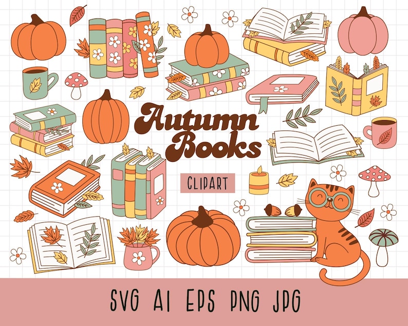 Fall bookish clipart, Retro autumn reading png, Cozy readers png, Cute Fall Clipart, Book lover clipart, Retro Fall Books Clipart, Autumn image 1