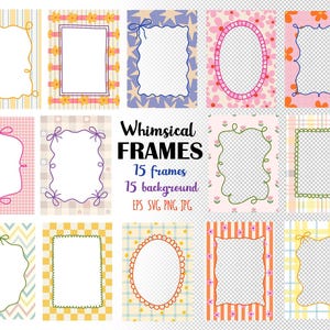 May include: A set of 15 whimsical frames with 15 backgrounds. The frames showcase diverse shapes and designs, including bows, floral patterns, and scalloped edges. The colour palette includes pink, yellow, blue, and green. The text "Whimsical FRAMES" is displayed.