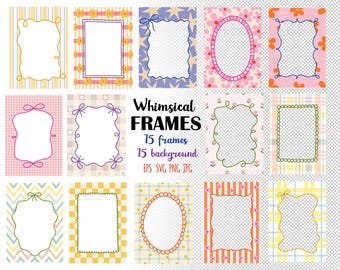 Whimsical Frames Clipart ,Border for Invitation, Wedding, Party, Baby Shower Hand-Drawn Frame PNG, Wavy & Striped  Frame SVG, Bow