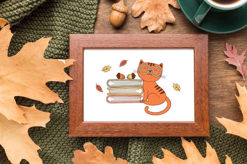 May include: A framed illustration of a cat wearing glasses and sitting on a stack of books. The cat is orange and white with a red nose. The books are brown and yellow. The background is white with a few scattered leaves.