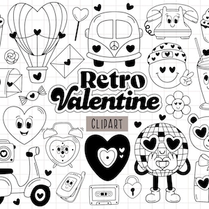 Retro Groovy Valentine, Valentine&#39;s Day svg, Valentines png, Groovy Valentine SVG, Love PNG, Heart SVG, Hippie Love svg, Black and white