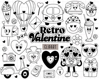 Retro Groovy Valentine, Valentine&#39;s Day svg, Valentines png, Groovy Valentine SVG, Love PNG, Heart SVG, Hippie Love svg, Black and white