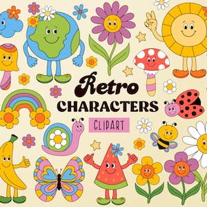 Cartoon Retro Charaktere, Flower Power, Sonne, Pilze svg, Erde, Food Charakter Clipart, Hippie Clipart, Groovy Charaktere, Insekt Clipart