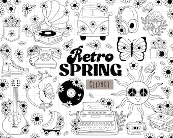 Puede incluir: Clipart retro de primavera en blanco y negro con una variedad de imágenes, incluyendo una furgoneta vintage, un tocadiscos, una mariposa, un sol con gafas de sol, una máquina de escribir, una cinta de casete, una cámara, un teléfono, un hongo, una flor, un patín, una guitarra, una luna y unos auriculares. El texto "Retro Spring Clipart" está incluido en la imagen.
