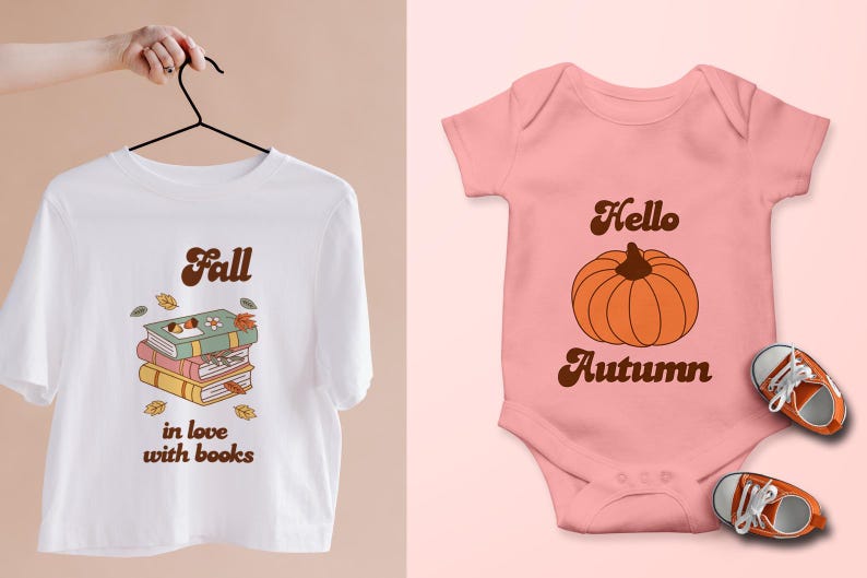 May include: Two shirts with fall-themed designs. A white t-shirt with a stack of books and the text "Fall in love with books". A pink baby onesie with a pumpkin and the text "Hello Autumn".