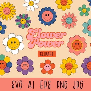 Retro Flowers Clipart, Hippie Clipart, Groovy Florals Clipart, Groovy Retro Flowers,Vintage flowers, PNG SVG EPS, Daisy Smiley Face, Vector
