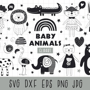 Animali clipart Arte scandinava Bianco e nero Orso in formato SVG Baby elefante in formato SVG Flamingo in formato SVG Gatto in formato SVG Nursery Decor File in formato Svg per cricut