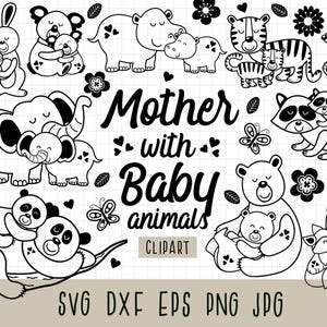 May include: Black and white clipart featuring various mother and baby animals, including a rabbit, koala, hippo, tiger, badger, elephant, raccoon, bear, panda, and fox. The text "Mother with Baby animals" is displayed.