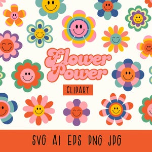 Retro Blumen Clipart, Hippie Clipart, Groovy Florals Clipart, Groovy Retro Blumen, Vintage Blumen, PNG SVG EPS, Gänseblümchen Smiley Gesicht, Vektor
