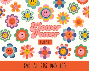 Retro Flowers Clipart, Hippie Clipart, Groovy Florals Clipart, Groovy Retro Flowers,Vintage flowers, PNG SVG EPS, Daisy Smiley Face, Vector