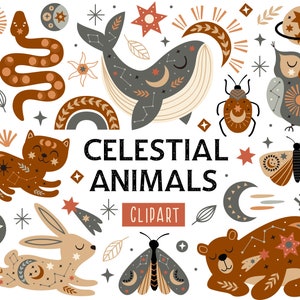 Puede incluir: Un conjunto de ilustraciones de animales celestiales en estilo boho. Las ilustraciones incluyen una serpiente, una ballena, un gato, un conejo, un oso, un escarabajo, una mariposa y un búho. Cada animal está decorado con estrellas, lunas y otros elementos celestiales. El texto "Animales celestiales" y "Clipart" está incluido en la imagen.