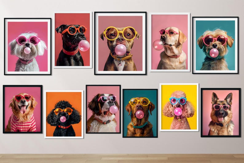 May include: A collection of framed dog portraits, each featuring a different breed wearing sunglasses and blowing a bubblegum bubble. The backgrounds are various solid colors, and the frames are black or white.