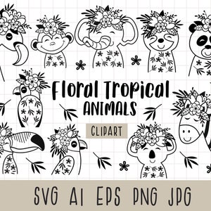 Dschungeltiere-Svg-Set, Afrika Zebra, Elefant, Flamingo, Koala, Faultier, Panda, Tukan, Safari-Tiere svg, schwarz und weiß, kommerzielle Nutzung