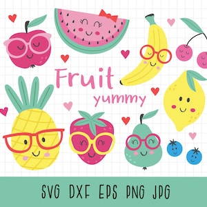 Kawaii fruit clipart, Svg files for cricut, Pineapple svg, Strawberry clip art, Lemon svg, Watermelon clipart, Kawaii clipart, Fruit svg image 1