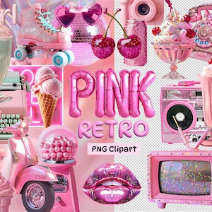 Pacchetto collage digitale rosa, clipart retrò femminile, PNG di ragazza rosa alla moda, clipart retrò rosa, decorazioni rosa, sfondo rosa, clipart di ragazze rosa