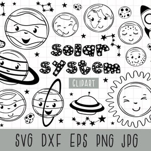Kawaii Planets Clipart, SOLAR SYSTEM clipart, Space svg, Cute Planets, Smiley Planets, Sun svg, Jupiter, Mars, Earth, Commercial use