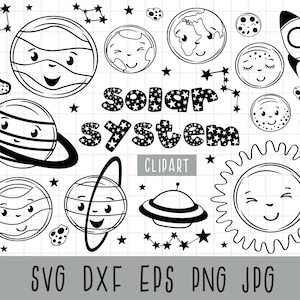Kawaii planeten clipart, zonnestelsel clipart, ruimte svg, schattige planeten, smiley planeten, zon svg, Jupiter, Mars, aarde, commercieel gebruik