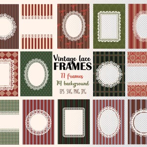 May include: A selection of vintage lace frames in oval, rectangular, and circular shapes. The frames are set against patterned backgrounds in red, green, and brown. The text "Vintage lace FRAMES" is displayed.