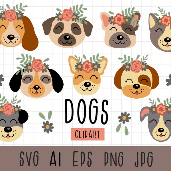 Cute Dogs Clipart, Dog Flower Crown svg, Dog face svg, Dog Head clipart, Puppies, Puppy Dog, Animal clip art, Pug clipart, Beagle png