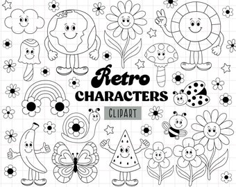 Personaggi dei cartoni animati retrò, Flower power, Sole, Funghi svg, Terra, Clipart di personaggi del cibo, Clipart hippie, Bianco e nero, Clipart di insetti