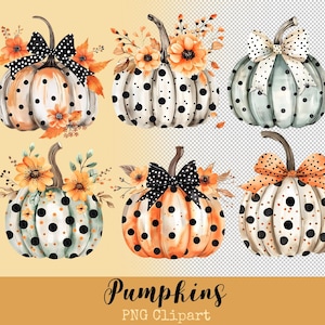 Fall Pumpkins Clipart PNG, Watercolor Pumpkins And Bows Clipart, Whimsical Pumpkins Clipart, Polka dot pumpkin PNG,Fall Cozy Autumn Decor