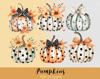 Fall Pumpkins Clipart PNG, Watercolor Pumpkins And Bows Clipart, Whimsical Pumpkins Clipart, Polka dot pumpkin PNG,Fall Cozy Autumn Decor