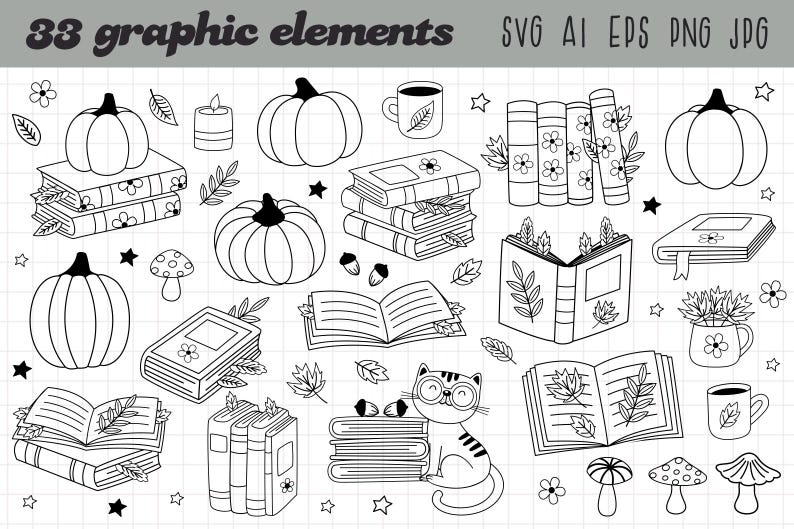 Höstboksclipart, Retro höstläsning png, Mysiga läsare png, Söt höstclipart, Bokälskare clipart, Retro höstböcker, svartvitt bild 2