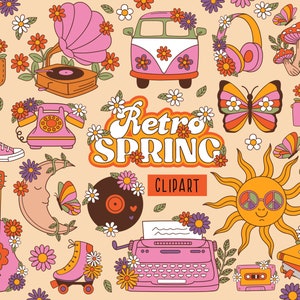Retro Vibes Digital Clipart Set, Retro 60s 70s 90s, Groovy Hippie, Flores Retro, Mellow Vibes Flower Power, lindo clipart, primavera retro