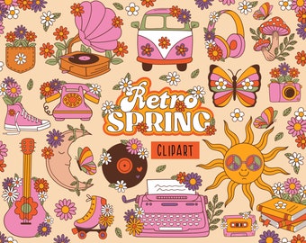 Retro Vibes Digital Clipart Set, Retro 60s 70s 90s, Groovy Hippie, Retro Flowers, Mellow Vibes Flower Power, cute clipart, retro spring