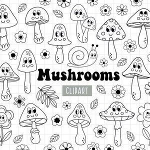 Pilz Cartoon Charakter Design, Groovy Retro Pilze Clipart, Flower Power Clipart, Gänseblümchen Blume, niedlicher Kawaii Pilz, schwarz und weiß