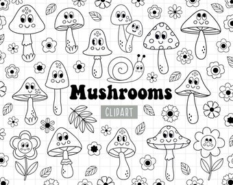 Mushroom Cartoon Character Design, Groovy retro mushrooms clipart, Flower power clipart, Daisy flower, Cute Kawaii Mushroom, Black and white