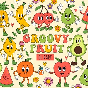 Groovy Retro Cartoon, Retro Sommer Clipart, Groovy Charaktere SVG, Beeren Früchte Charakter, Retro Obst Clipart, Retro PNG Sommer Charakter
