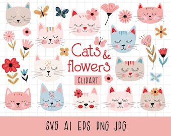 Clipart de rosto de gato, SVG de rosto de gato, Clipart de cabeça de animais, PNG de gato fofo, Animais bebês felizes, Gráficos de gatinho, SVG de flor fofa, clipart de flor