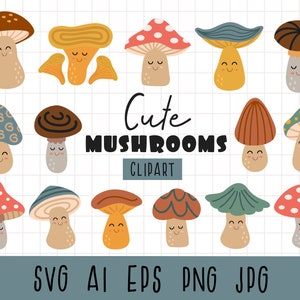 Imágenes Prediseñadas de setas lindas, SVG de setas Kawaii, setas del bosque lindo Png, imágenes prediseñadas de setas bebé, arte infantil, uso comercial,