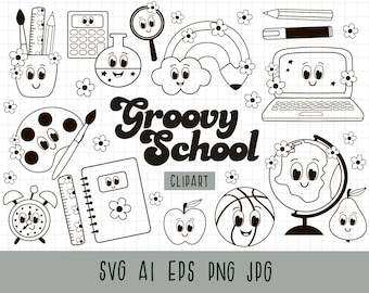 Groovy skola clipart, Retro tillbaka till skolan, Utbildning clipart, Skolbuss, skolmaterial, Groovy lärare PNG, SVG, EPS, Svartvitt