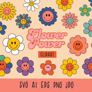 Retro Flowers Clipart, Hippie Clipart, Groovy Florals Clipart, Groovy Retro Flowers,Vintage flowers, PNG SVG EPS, Daisy Smiley Face, Vector