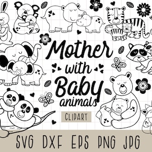 Clipart animaux mère et bébé, mère et bébé, fête des mères, svg maman ours, éléphant svg, svg famille, première fête des mères, usage Commercial