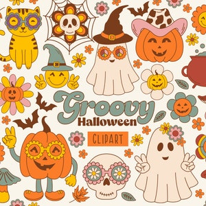 Groovy retro Halloween, Halloween SVG, Groovy Halloween Clipart, Fall Clipart, Ghost Clipart, Pumpkin Clipart, Cute Spooky Clipart,