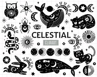 Può includere: Set di clipart celeste in bianco e nero con una varietà di immagini, tra cui un gufo, uno scarabeo, un serpente, una balena, un orso, un gatto, un coniglio, un sole, una luna e stelle. Il testo "CELESTIAL CLIPART" è incluso nell'immagine.