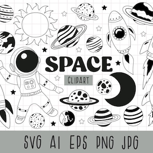 Clipart de berçário de astronauta, nave espacial de astronauta, clipart de foguete, estrelas e lua PNG, astronauta svg, espaço SVG, astronauta svg, preto e branco