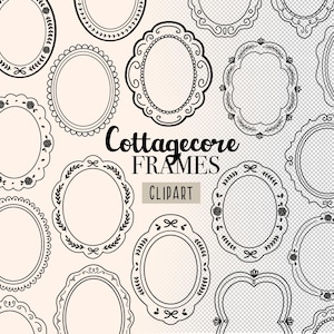 Cottagecore Frames Clipart set,Hand-Drawn Whimsical Oval Frames, Invitation,Vintage Borders Png, Floral Ornate Frames Svg, Black and white