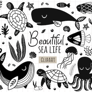 Image clipart Sea Life, animaux de l'océan, clipart animaux marins Boho, noir et blanc, Boho baleine svg, pieuvre, méduse, tortue, usage Commercial