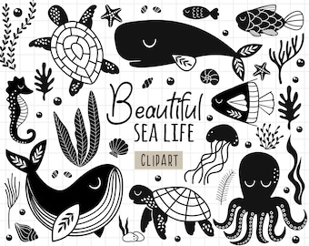 Sea Life Clip art, Ocean animals svg, Boho sea animal clipart, Black and White, Boho whale svg, Octopus, Jellyfish, Turtle, Commercial Use