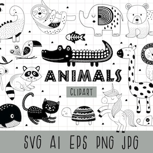 Clipart animaux, animal noir svg, animaux scandinaves, bébés animaux svg, Lion, girafe, koala, chat, paresseux, flamant rose, zoo svg, animaux svg,