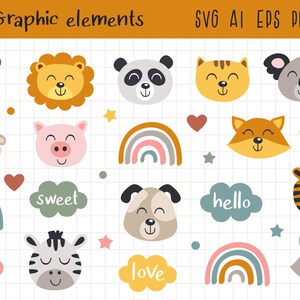 Pode incluir: Um conjunto de 31 elementos gr&aacute;ficos coloridos com rostos de animais fofinhos, arco-&iacute;ris e palavras como "fofo", "doce", "ol&aacute;", "amor" e "oi".