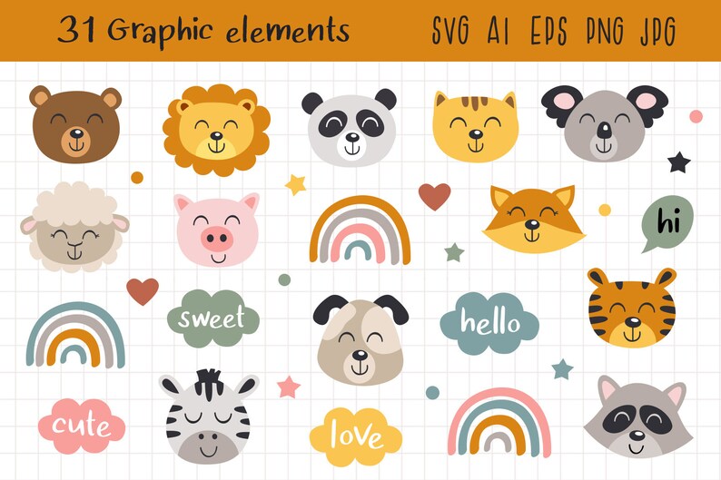 Pode incluir: Um conjunto de 31 elementos gr&aacute;ficos coloridos com rostos de animais fofinhos, arco-&iacute;ris e palavras como "fofo", "doce", "ol&aacute;", "amor" e "oi".