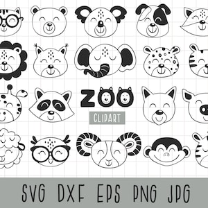 Facce di animali in formato SVG Facce di animali scandinavi clipart Zoo di animali Taglia file Clipart di animali per bambini Elefante in formato SVG Arte scandinava Animali in formato SVG