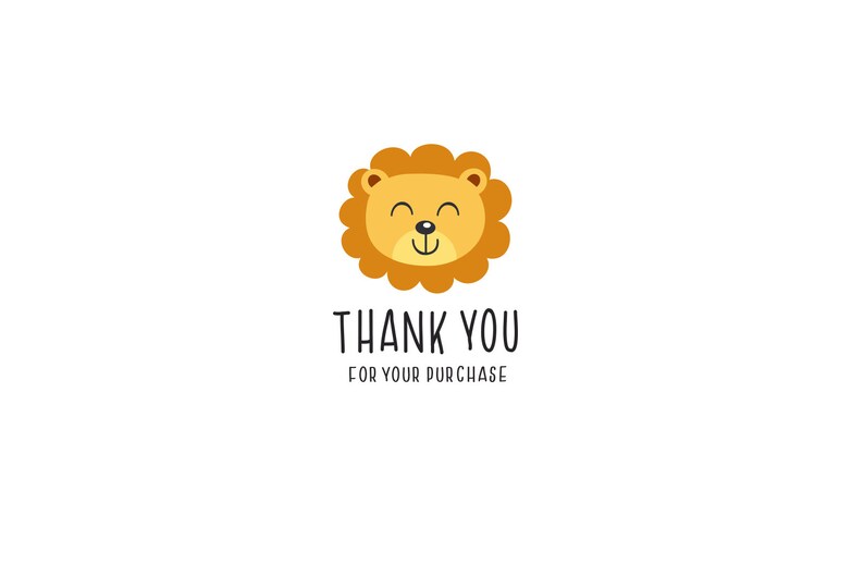 Pode incluir: Um le&atilde;o de desenho animado com um rosto sorridente e olhos fechados. O le&atilde;o &eacute; laranja com uma juba amarela. O texto "THANK YOU FOR YOUR PURCHASE" est&aacute; abaixo do le&atilde;o.