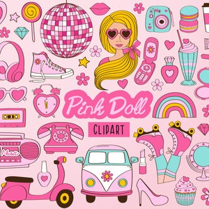 Pink Doll Clipart Pink Doll Svg Png Jpg Eps, Retro svg, Retro Pink Clipart, Pink Decor, roze achtergrond, Pink Girls Clipart
